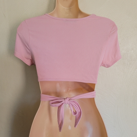 SHEIN Pink Tie Front Solid Rib-Knit Crop Top Size Women's Small 4 - Picture 8 of 10